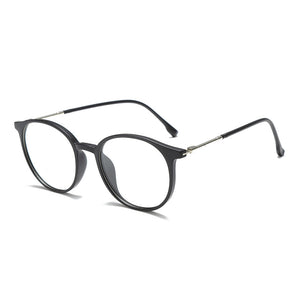 Round frame glasses with black acetate rims and silver metal temples, clear lenses.