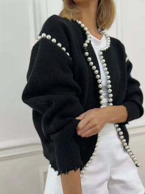 Pearl Trimmed Open Front Cardigan in White, close-up detail