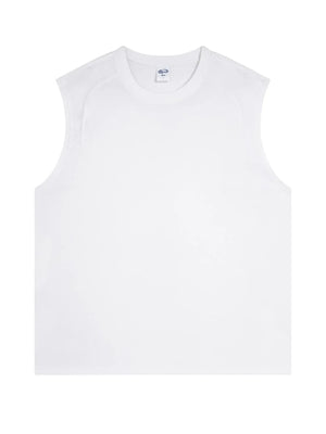 White sleeveless shoulder-seam tank top with a crew neck.