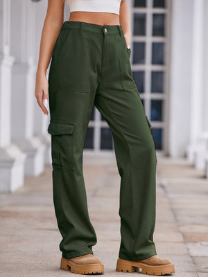 Dark green utility pocket wide-leg cargo pants with a relaxed fit.