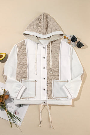 Quilted panel waffle knit hoodie in white with adjustable drawstring and button front.