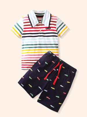 Striped polo shirt with car embroidery and navy shorts with car print toddler set