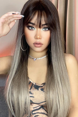 Ombre fringe synthetic hair extension in black to gray with straight strands and bangs.
