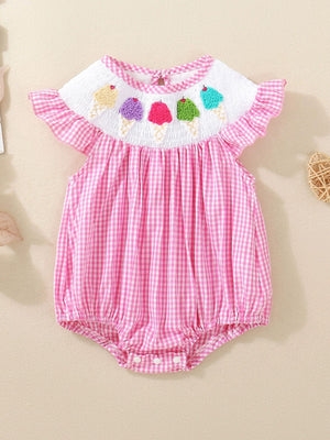 Pink gingham baby bubble romper with smocked white bib featuring embroidered ice cream cones.