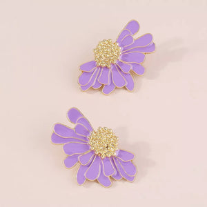 Purple flower stud earrings with gold textured center and trim