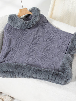Dark Gray cable knit acrylic poncho with faux fur trim and cowl neck.