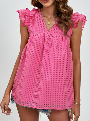 Hot Pink textured trapeze blouse with ruffle sleeves and V-neck.