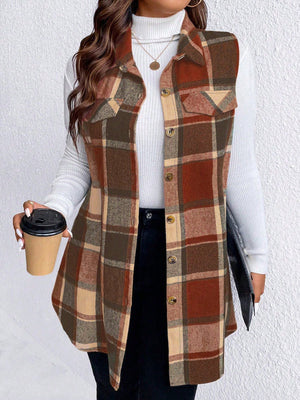 Oversized plaid shirt vest in brown, camel, and rust with button front and chest pockets.
