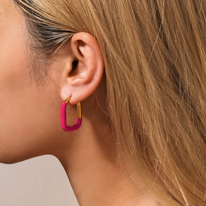 Hot Pink/Gold two-tone enamel rectangle hoop earrings with gold post.