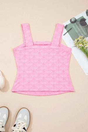 Pink textured square neck tank top with wide straps.