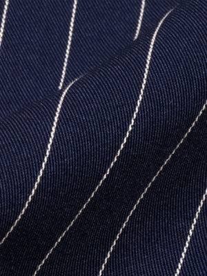 Navy pinstripe blazer and wide-leg pants set fabric detail