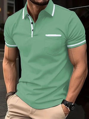 Green short sleeve polo shirt with white contrast trim on collar, pocket, and sleeves.