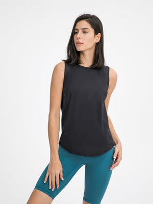 Black mesh-back performance tank top with crew neck and sleeveless design