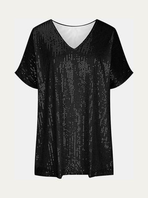 Black sequin slouchy V-neck top with short sleeves.