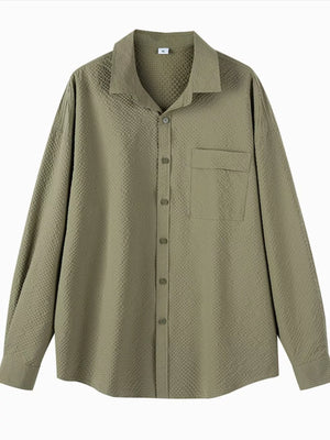 Pea green textured oversized button-up shirt with a chest pocket and classic collar.