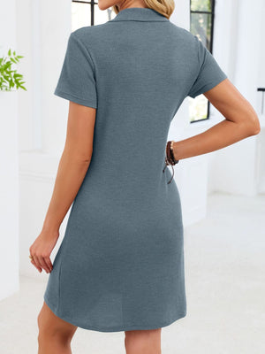 Blue gray waffle knit polo collar short sleeve above knee dress