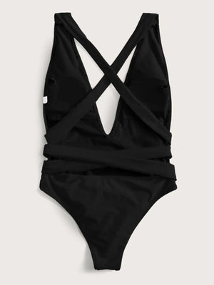 Black wrap-around halterneck plunge swimsuit with crisscross back detail.