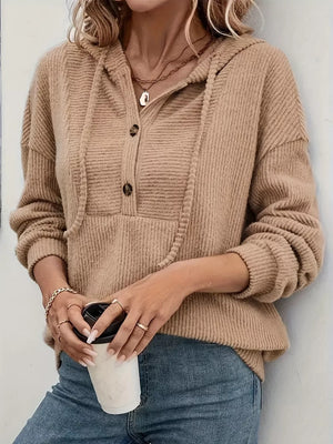 Khaki button-front drawstring hoodie with ribbed texture and a hood.