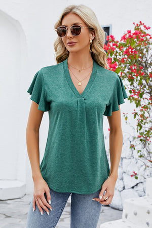 V-neck pleated flutter sleeve top in dark blue with a casual fit.