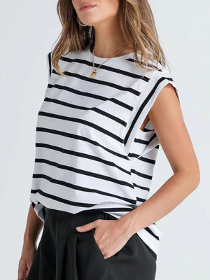 White and black striped sleeveless tank top with crew neck and shoulder detail.