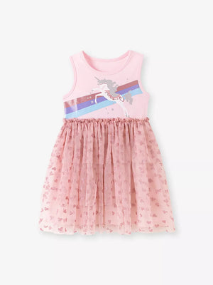 Pink toddler unicorn dress with rainbow graphic and heart-print tulle skirt.