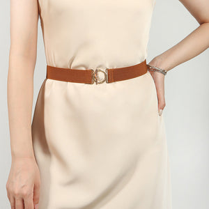 Caramel elastic belt with gold circle buckle detail