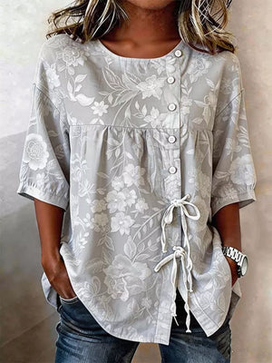 Embroidered Floral Tie Front Shirt Plus Size in Blue, view 13