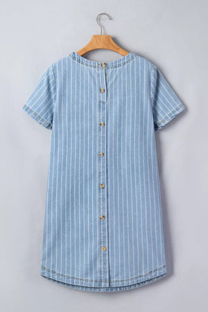 Denim mini dress with vertical white stripes, short sleeves, and a button-down back.