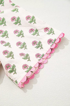 Floral midi dress with pink flowers and scalloped trim