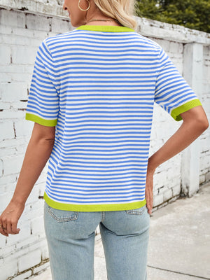 Nautical trim knit tee in sky blue and white stripes with lime green trim.