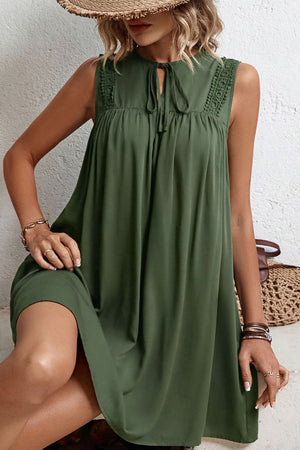 Army green viscose trapeze dress with keyhole neckline and crochet shoulder detail