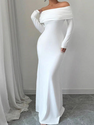 White bodycon maxi dress with draped off-shoulder neckline and long sleeves.