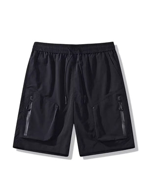 Black lightweight cargo shorts with drawstring and zipper pockets