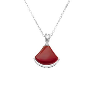 Elegant fan-shaped red agate pendant necklace with sterling silver chain and diamond accent.