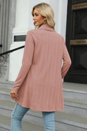 Dusty Pink cable knit cardigan with a drape front and collared neckline.