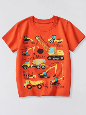 Tangerine cotton crew neck t-shirt with construction vehicles print for kids