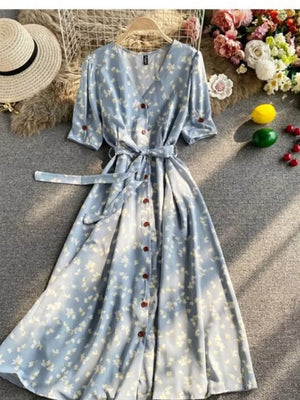 Light blue floral v-neck midi dress with button front and belted waist