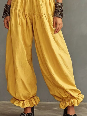 Full Size Smocked Ruffle Hem Wide Leg Pants in Mustard, fit detail