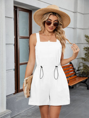 White square-neckline romper with drawstring waist and short legs
