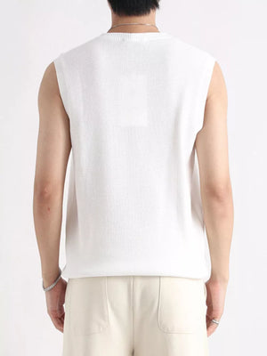 Men's white textured knit sleeveless tank top with a crew neck.