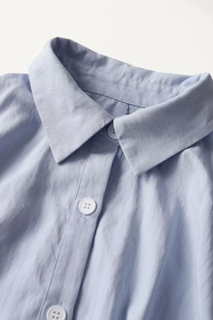 Button Up Short Sleeve Shirt Dress in Light Blue, fabric detail