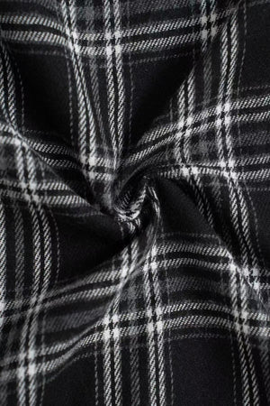 Black plaid palazzo lounge trousers with a soft, brushed texture.