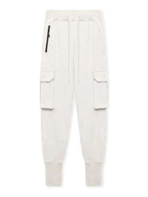 White Tech-Knit cargo joggers with zip pocket and drawstring waist.