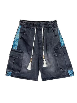 Black denim cargo shorts with braided drawstring and tasseled ends.