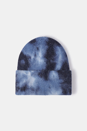Ribbed knit beanie in Sky Blue with a tie-dye pattern.