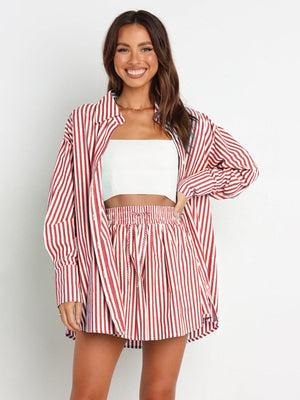 Oversized red and white stripe shirting set with button-down shirt and drawstring shorts.