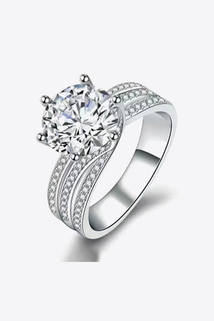 Silver moissanite engagement ring with pavé band