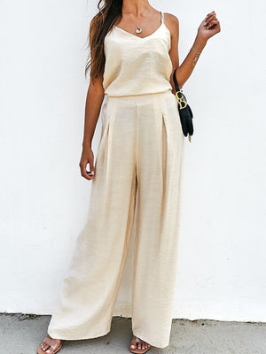 Cream cami and pleated palazzo pants outfit set with a textured finish.