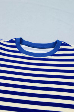 Blue and cream striped polyester top with crew neck and ruffle sleeves