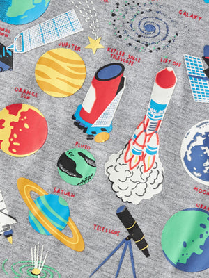Toddler grey crew neck t-shirt with space exploration print featuring planets, rockets, and telescopes.